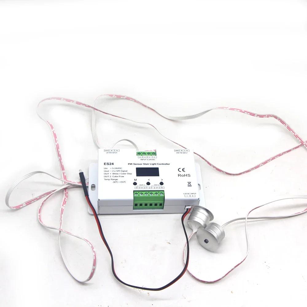 PIR Sensor Stair Controller ES24 24CH Single Color RGB Pixel SPI LED Strip Dimmer Indoor Stairway Light Led Controller DC 5V-24V