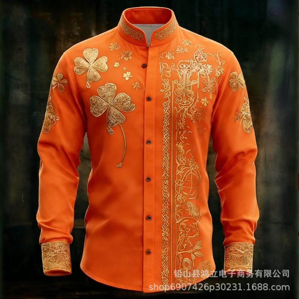 Luxury Long-sleeve Shirt with Gold Embroidered Floral Design