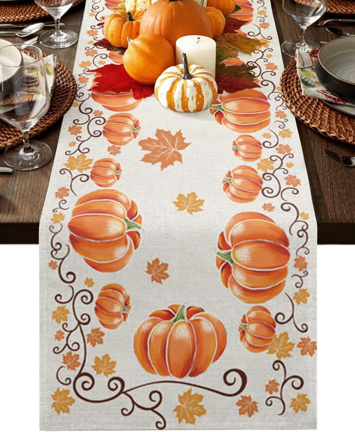 Automne Actions de Grâce Citrouilles Feuilles d'Érable Chemin de Table en Lin Décoration de Maison Récolte d'Automne Chemin de Table pour Table de Cuisine et de Salle à Manger Décor d'Automne 150x33cm gray