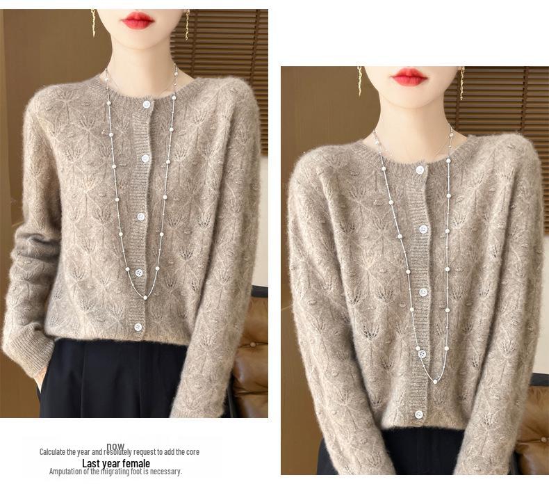 2024 Early Autumn Women's Merino Wool Round Neck Knit Cardigan with Hollow Details