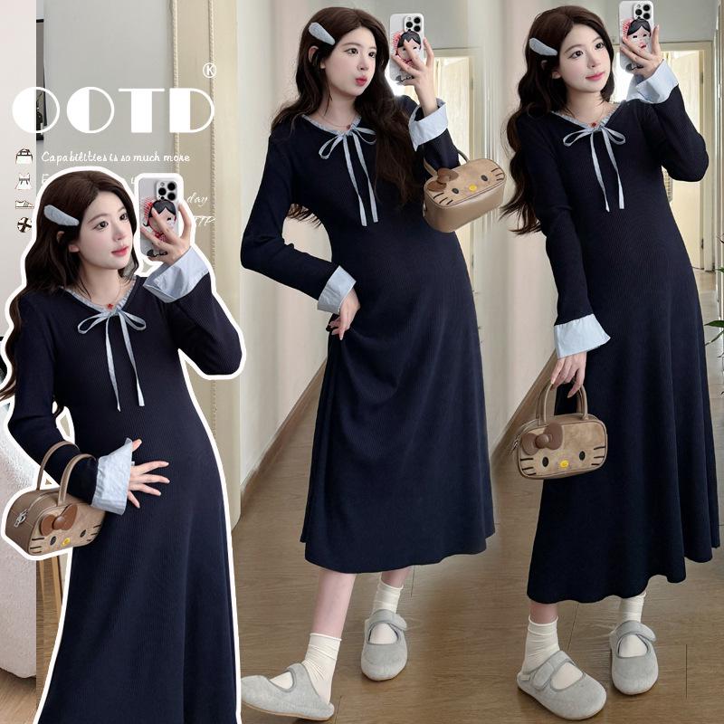 Autumn/Winter 2025 French-Style High-End Navy Blue Maternity Dress