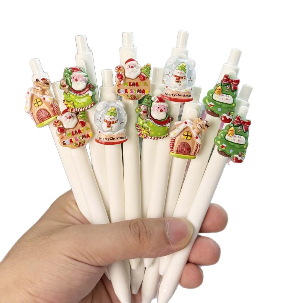 10Pcs Creative White Christmas Shape Patch Press Ballpoint Pen Cartoon Press Pen Holiday Gift Novelty Stationery Teacher Party Favors Back To School