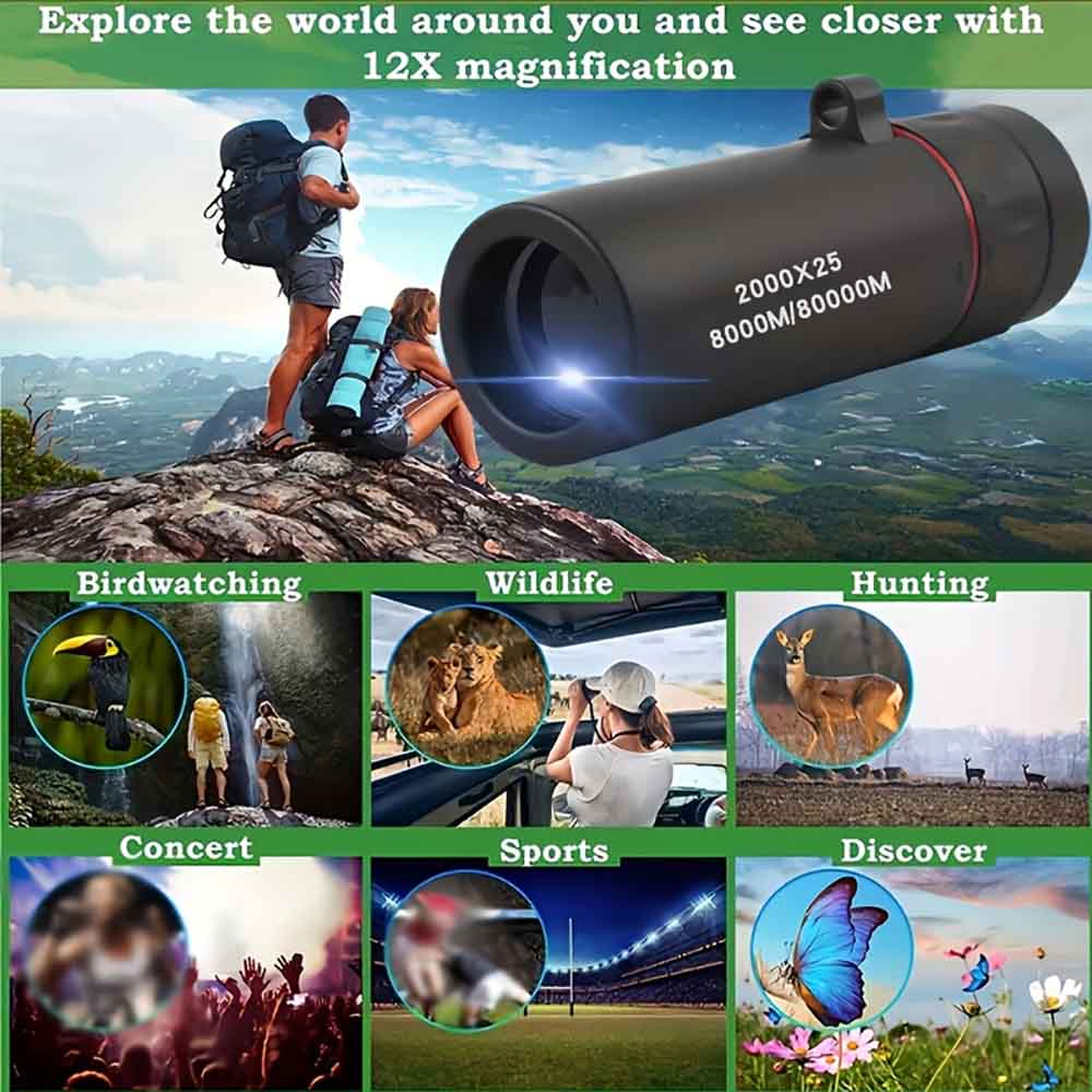 2000x25HD High Power Monocular Telescope with Universal Phone Adapter for Watching Compact Waterproof Scope for iPhone Samsung