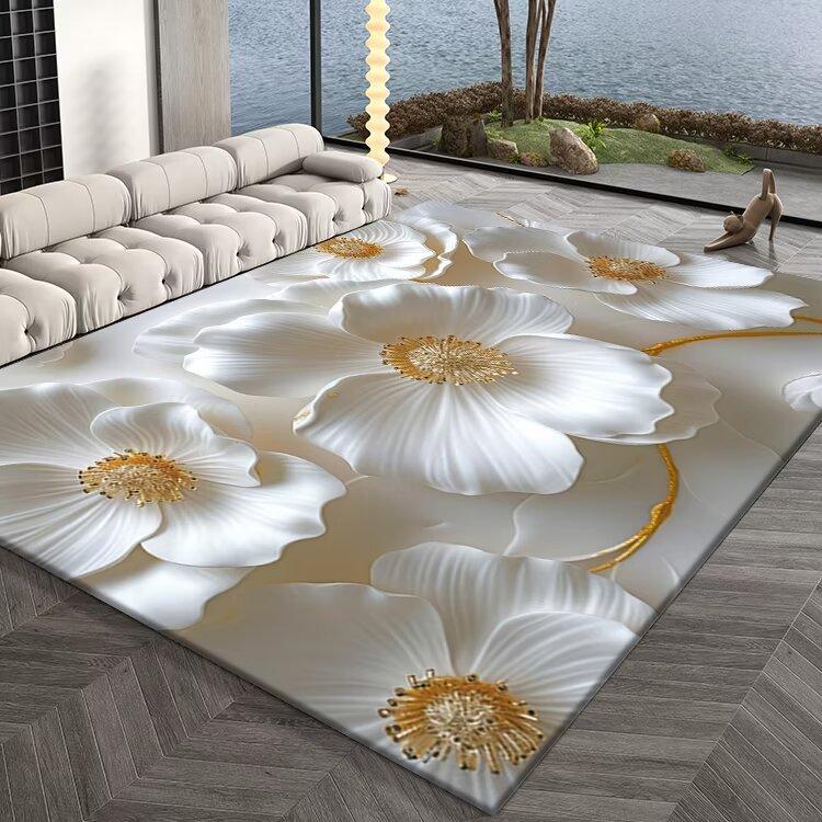 Elegant Fine 3D Peony Floral Pattern Carpet Mat Blue Pink Gold Relief Rug for Living Room Bedroom Hotel Luxury Home Decoration