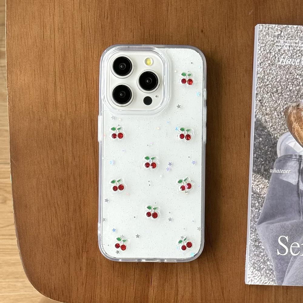 Schattige 3D Kersen Pailletten Telefoonhoesje Voor iPhone 17 Air 16 15 14 13 12 11 Pro Max Transparante Schokbestendige Zachte Siliconen Cover