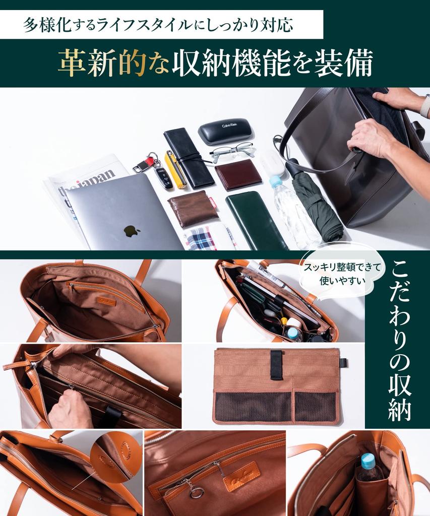 BARBERINI Men's Genuine Leather Business Tote Bag with Large Capacity, Freestanding YKK Zipper (Navy Blue)