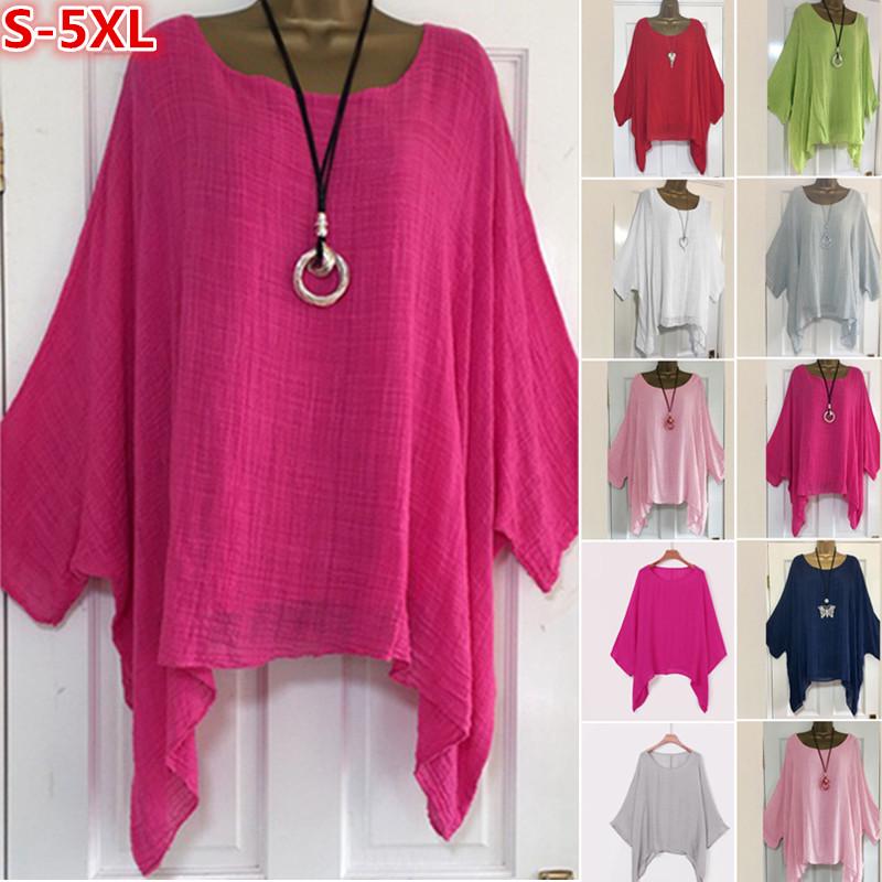 Buy Plus Size Women Casual Loose Tops Ladies Cotton Linen Solid Color ...