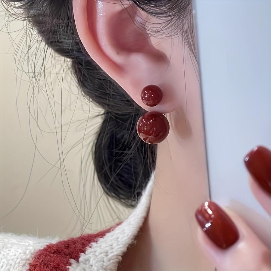 Elegant Red Faux Pearl Earrings for Women - Glossy Spherical Design with Gold Pillars, Casual Accessories, Glossy Finishes, Faux Pearl Earrings