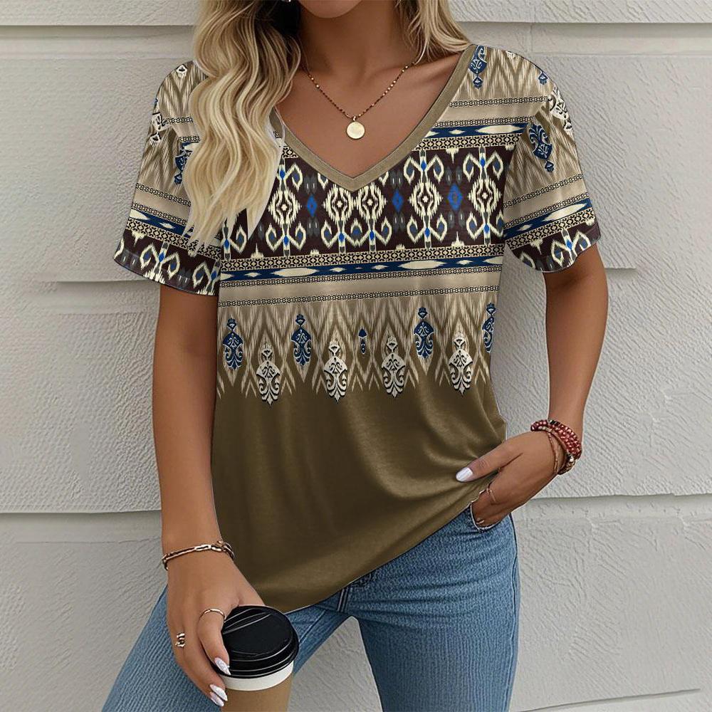 Summer Women's Short Sleeve T-Shirt Ethnic Harajuku Print Outdoor Casual V-Neck Pullover Top Loose Oversized Clothing