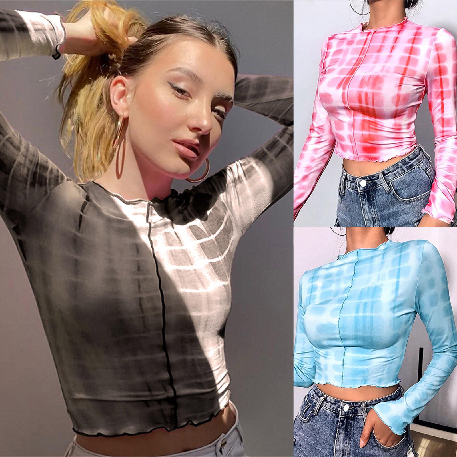 

Fashion New Women s Navel Bare Short Sexy Tie-dye T-Shirt Long Sleeve Tops