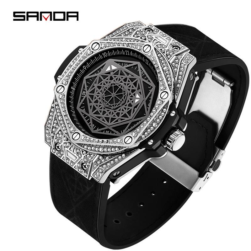 Sanda Rhinestone Men s Quartz Watch - Trendy Silicone Strap, Waterproof, Stylish Design