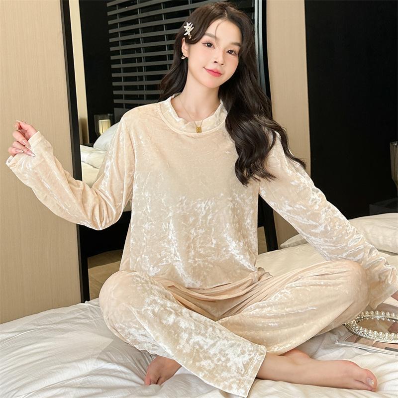 Pijamale de toamnă și iarnă pentru femei de mărime mare, catifea, calduroasă, ocazională, confortabilă, cu mânecă lungă, cu gât rotund, set de îmbrăcăminte pentru casă