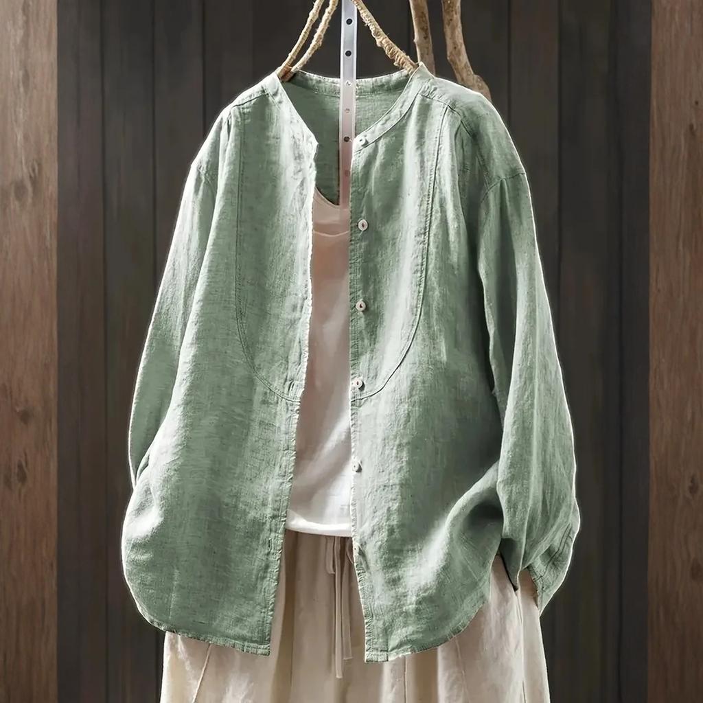 Women's ,color Cotton And Linen Long,sleeved Cardigan Shirt Top