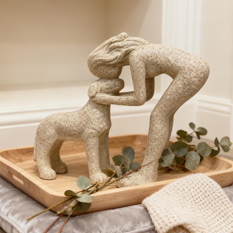 A Woman Kissing a Small Dog Resin Figurine a Warm Pet Interaction Scene Sculpture Sandstone Resin Ornament