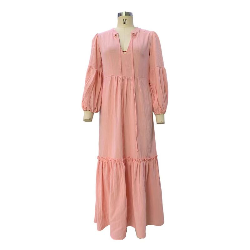 

Western Style Fashion V-neck Puff sleeve Loose Vacation Dress V-Neck Bubble Sleeve Dress Pink S