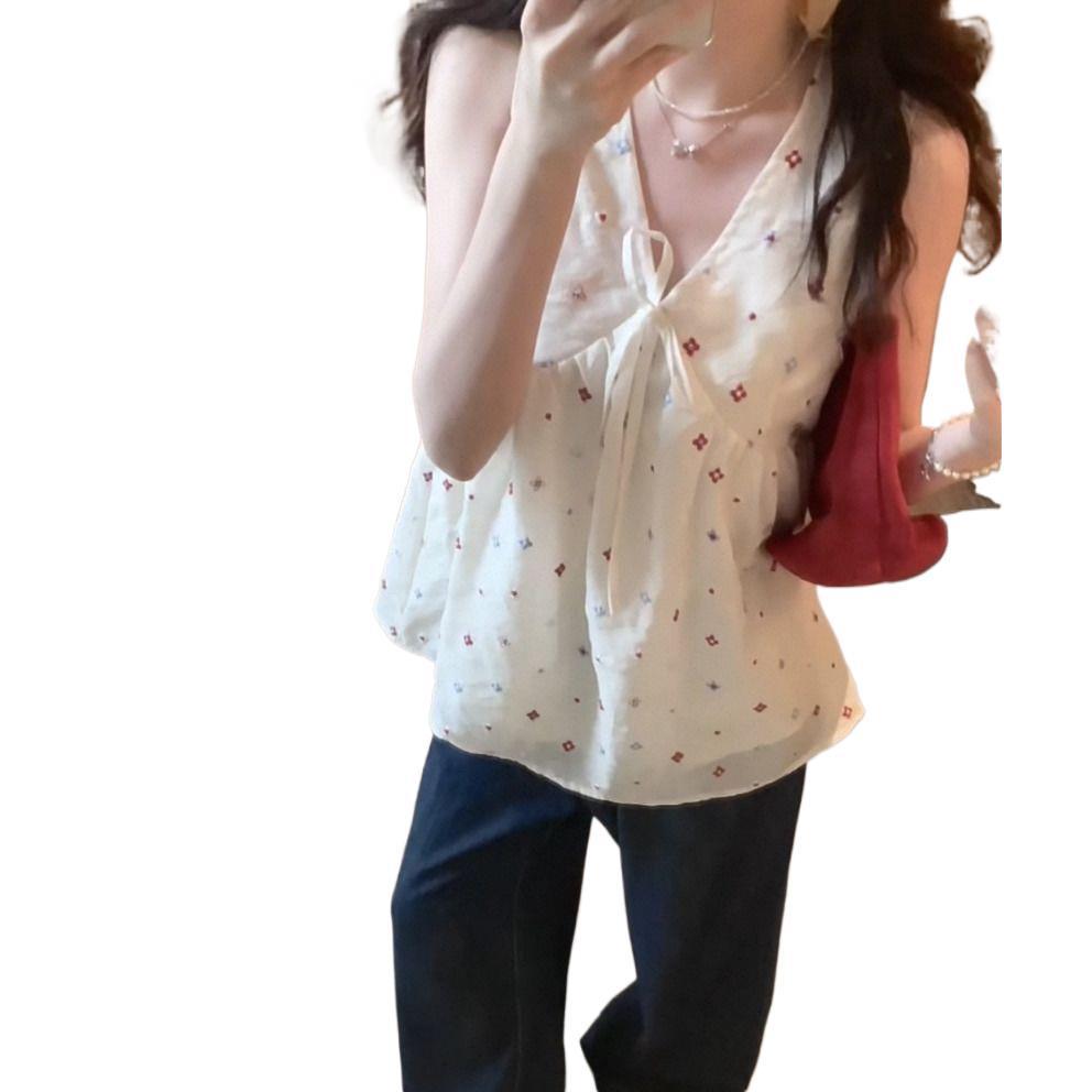 Women's Summer Bow V-neck Vest with Colorful Embroidered Flowers