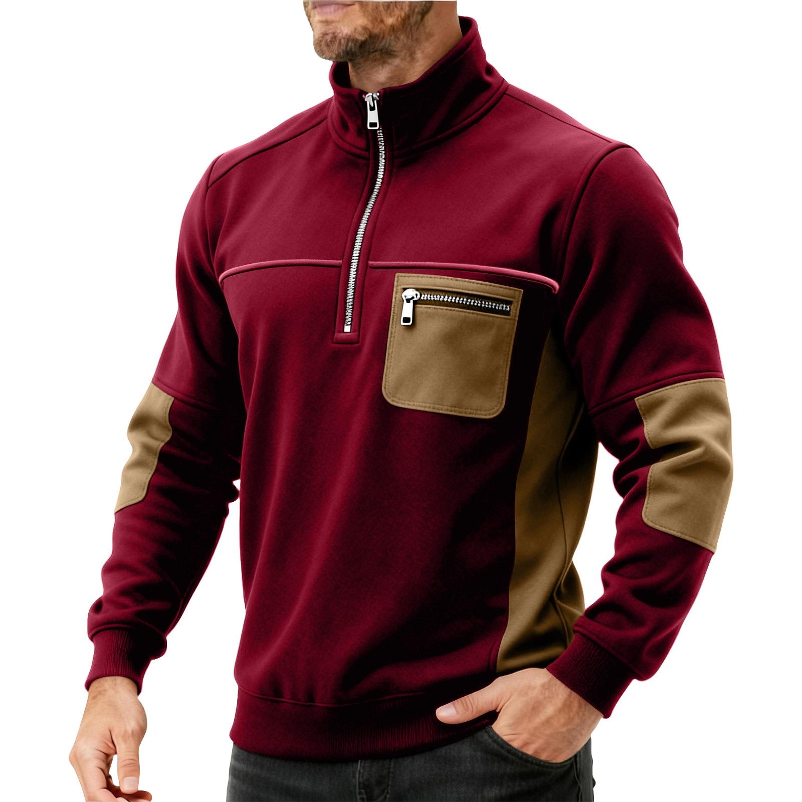 

Мужской свитшот колор-блок на молнии до середины, со стойкой, спортивный, большого размера, повседневный свитшот со стойкой XL красный