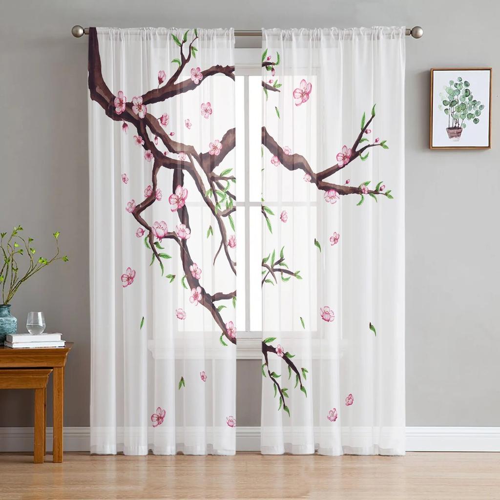 Spring Cherry Blossom Branch Tulle Sheer Curtains for Living Room Bedroom Kitchen for Windows Voile Drapes Home Decoration