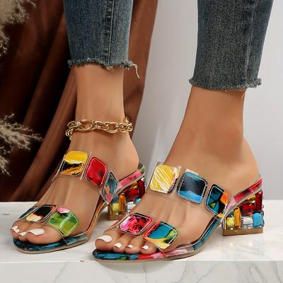 Women's Colorful Chunky Heeled Sandals Rhinestone Decor Slip On Open Toe Mid Heels Stylish Daily Wear Sandals
