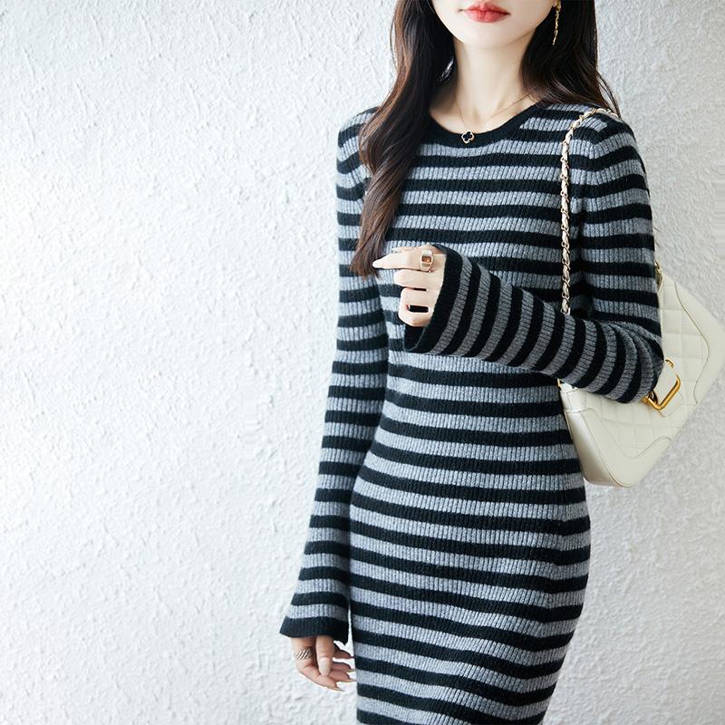 Women Sweater Dress 100% Wool MODERN NEW SAGA O-neck Striped Knit Long Pullover Winter Jumpers Wool Long Dress Female