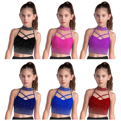 Girls Performance Costume Halter Neck Crop Top with Rhinestones Cross Front Backless for Dance Gymnastics