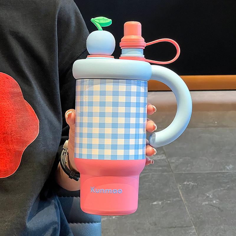Thermos mit großer Kapazität, doppelwandig aus Edelstahl, mit Strohhalm für Kinder und Erwachsene