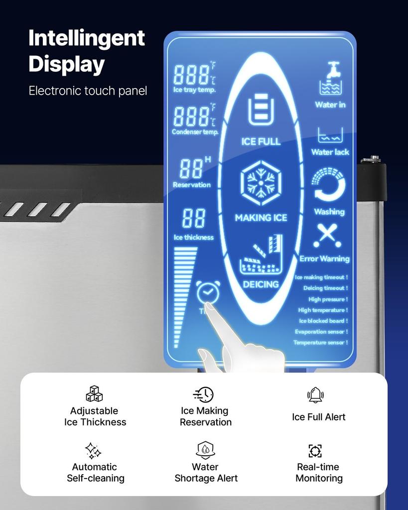 Commercial Ice Maker Machine - Head, 136 kg/Day Stainless Steel Ice Machine with Scheduled Ice-Making, Self-Cleaning, Adjustable Thickness, Ideal for