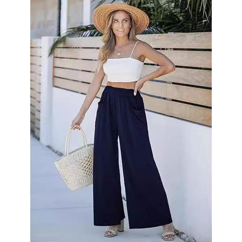 Elastic Waist, Large Pocket, Wide Leg Pants Elastic Waist with Pocket Loose Pants