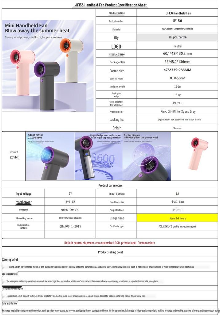 199-Speed Mini Turbine Handheld Fan, USB Rechargeable, Super Powerful and Portable for Outdoor Use