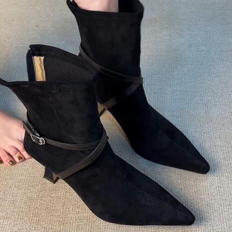 High Heel Back Zipper Women's Scrub Belt Buckle Pointed Toe Temperament Booties Vintage Slim Follower Single Boots