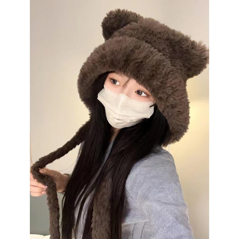 Cute Plush Bear Ears Hat Female Autumn and Winter Warm Ear Protection Big Head Circumference Shows a Small Tide