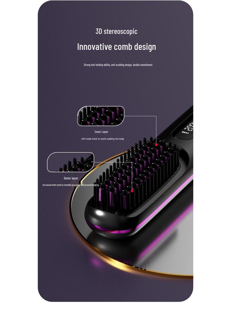 Portable Wireless LCD Hair Straightening Comb - Rechargeable, Negative Ion, No Damage.