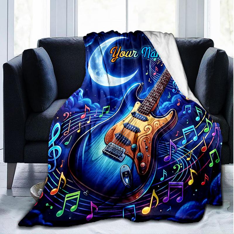 1PC Custom Name "Night Sky Guitar Melody" flannel blanket versatile,all-season throw suitable for the living room,bedroom,camping,travel,and gift