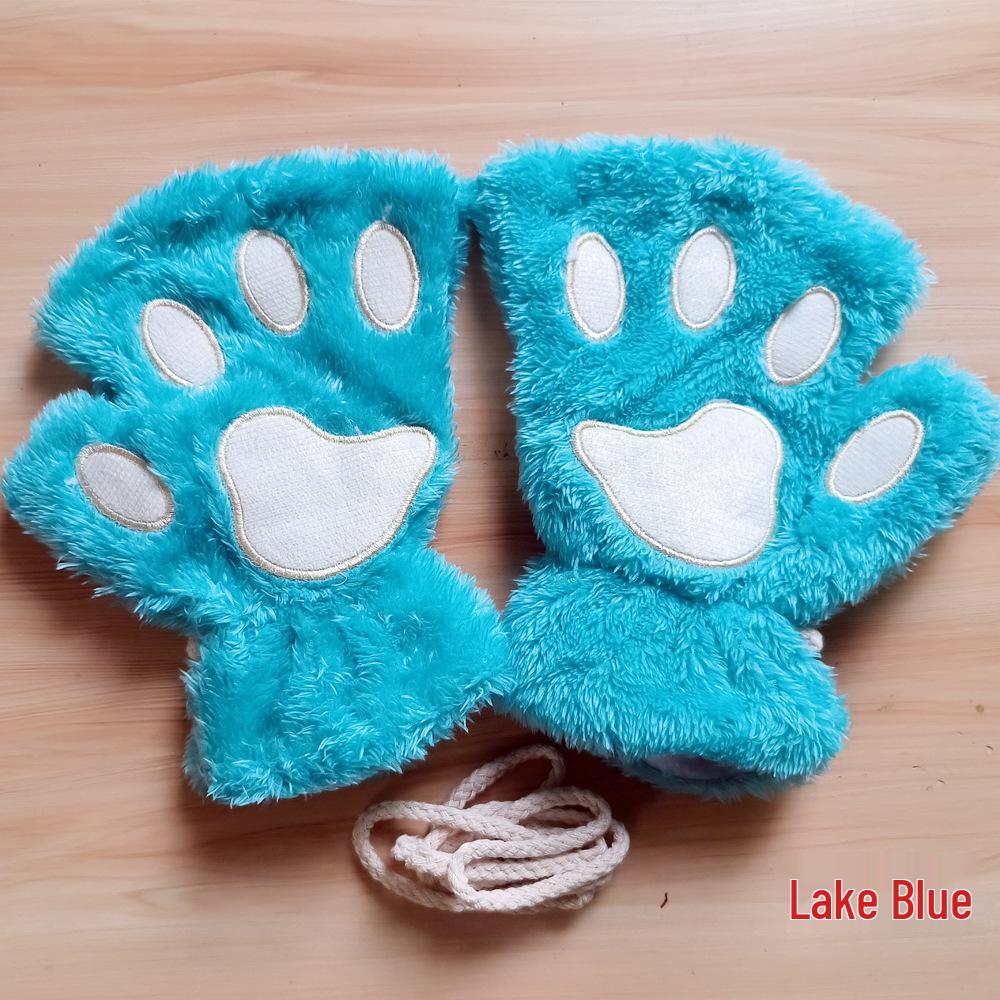 Women's Cute Cartoon Bear Paw Fingerless Plush Gloves with Hanging Neck