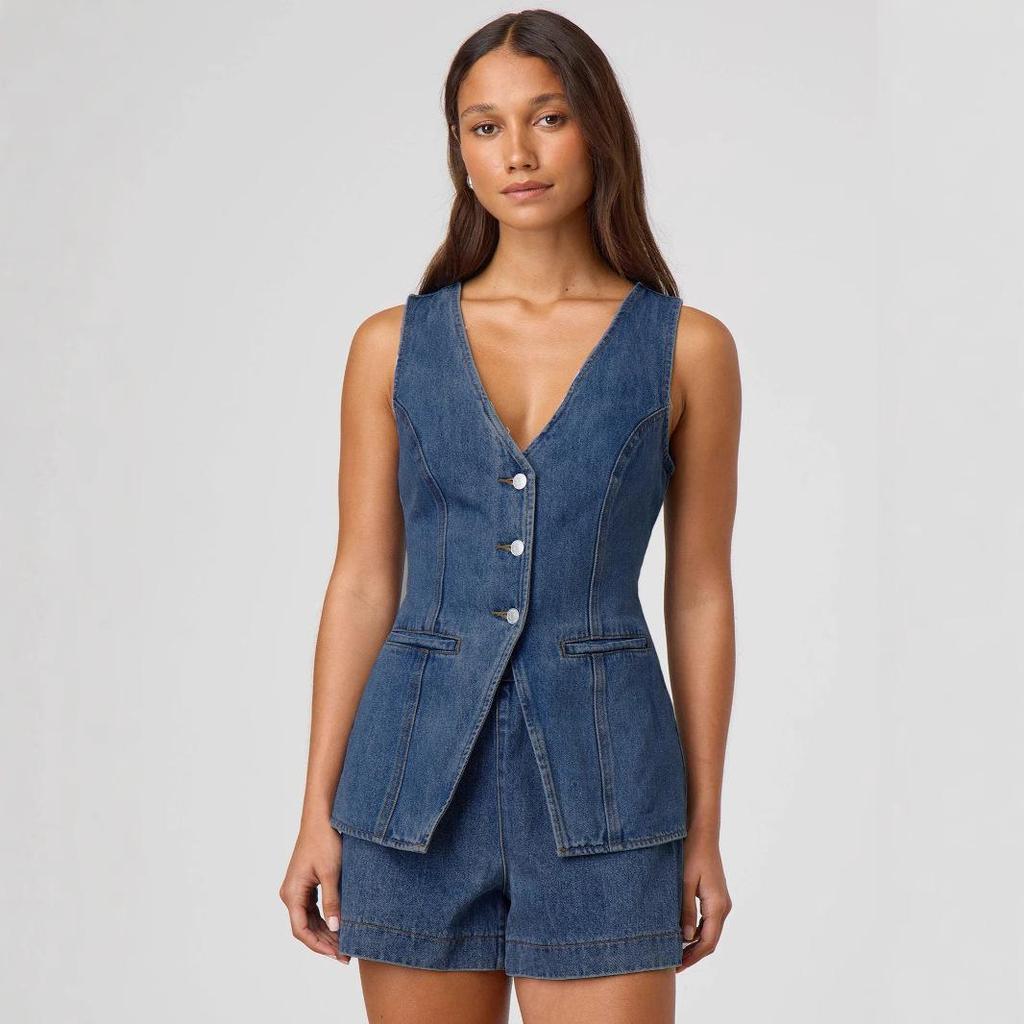 2025 Women's Fashion Sleeveless High-Waisted Denim Shorts Set