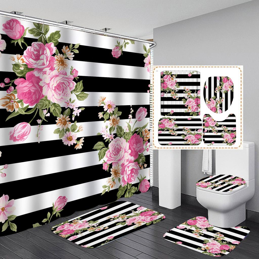3D Digital Printing Polyester Flower Bathroom Four-Piece Shower Curtain Direct Supply Curtain