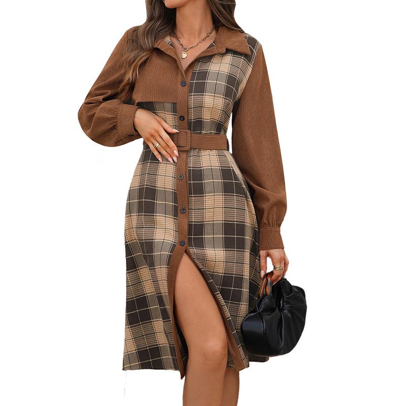 100% Clothing: 2025 Retro Plaid Patchwork Dress with Turn-Down Collar - New European & American Autumn/Winter Workplace Style.