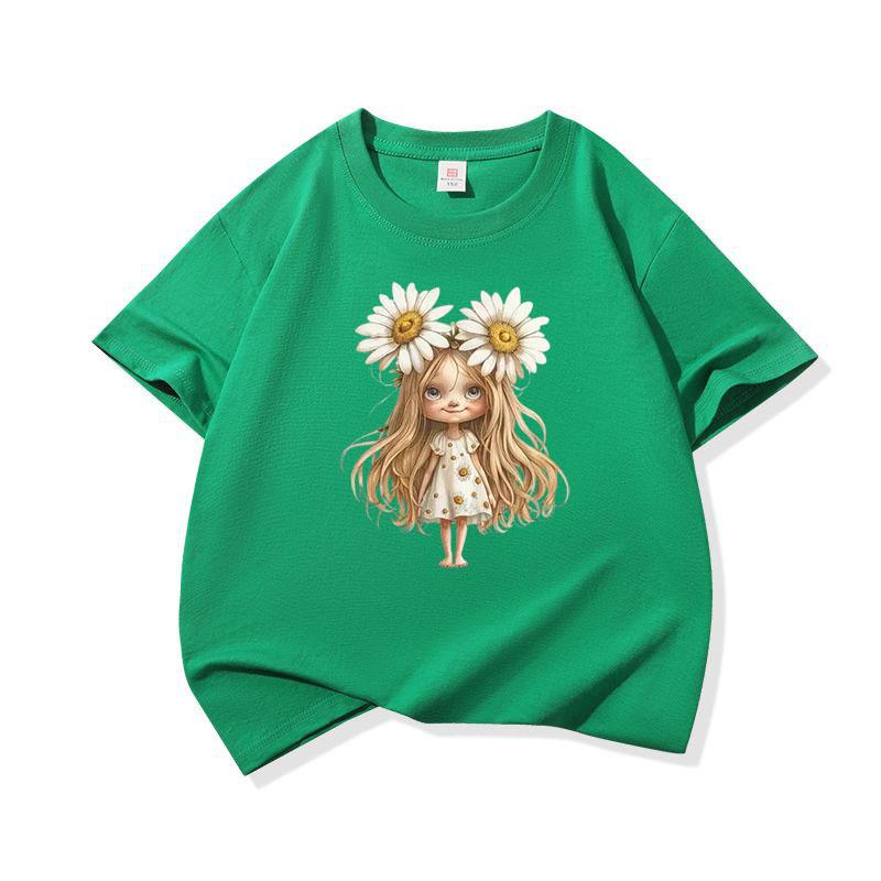 Kids Cotton T Shirt White Daisy Girl Print Crew Neck Short Sleeve Tee Casual Breathable Boys Girls Summer Tops