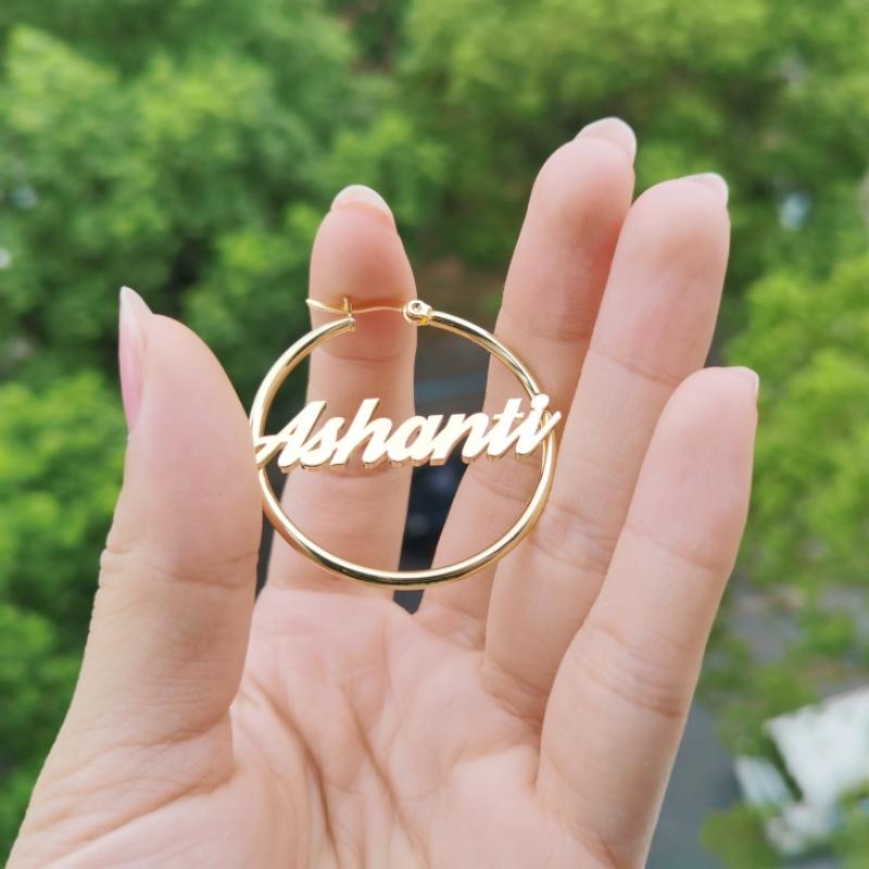 Qiuhan Personality Stainless Steel Round Hoop Nameplate Twist Custom Name Earrings Gifts for Girl Round Hoop Earrings&20mm