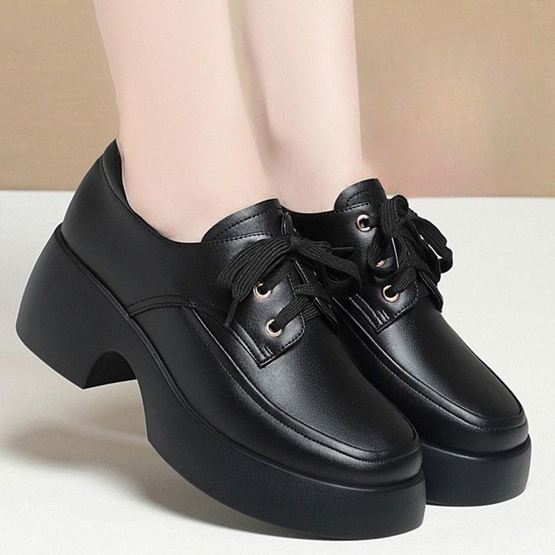Luxury Women's Leather Shoes Fashion Thick Soled Lace Up Loafers Middle Elderly Lazy Shoes Casual Lightweight Ladies Shoe