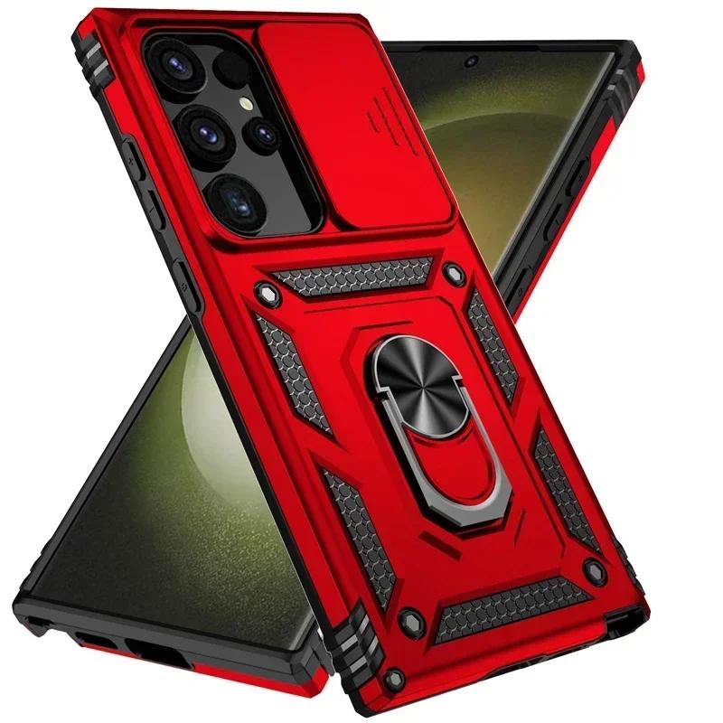 Ring Stand Rotating Slide Camera Lens Military Grade Armor Case For Samsung Galaxy S24 S23 S22 S21 FE S20 Note 20 Ultra A16 A06