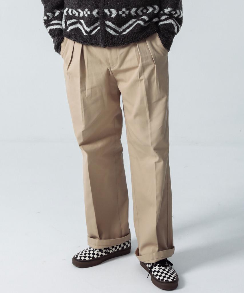 STAGE NAME Reverse Double-Pleated Elastic Wide Cotton Chino Pants_Beige