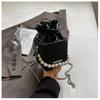 High Grade Sense Drawstring Bucket Bag for Women Korean Fashion Versatile Pearl Chain Mini Handbags Lady Casual Soft Leather Bag