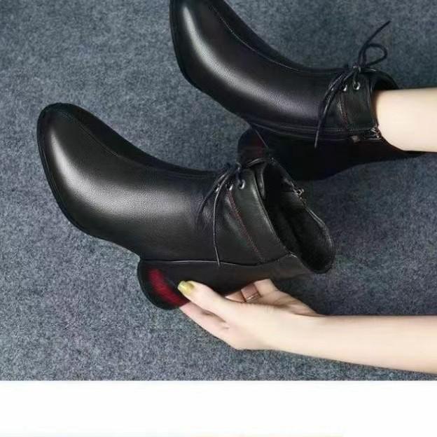 Soft Leather Martin Boots Women's Cotton Shoes Comfortable Short Boots Single Boots Warm Autumn and Winter Middle Heel Women's Shoes Velvet Thick