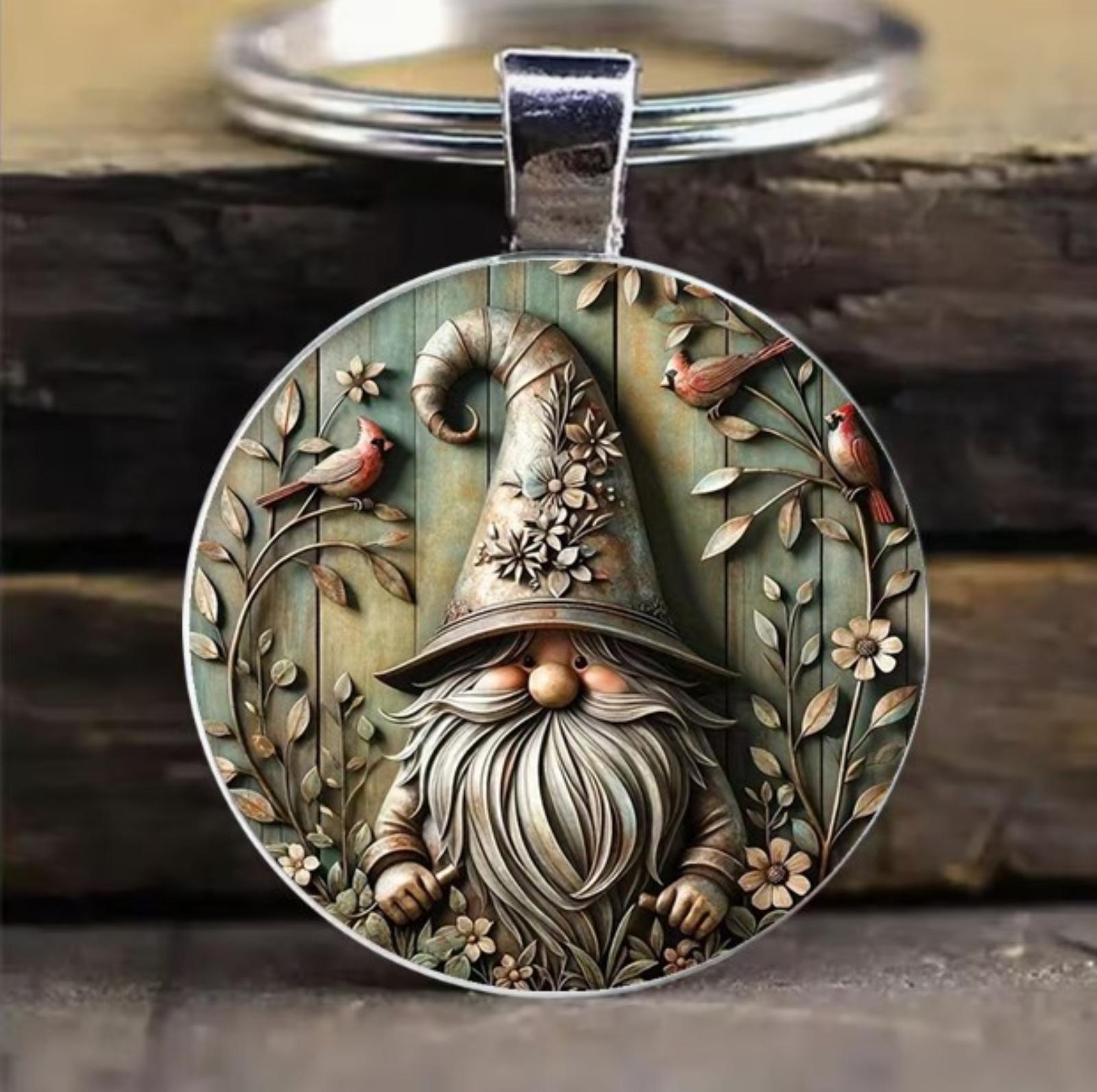 

Fairy Tale Forest Gnome Garden Round Glass Alloy Keychain Durable Metal Key Ring Accessory for Everyday Use and Gift Giving One Size
