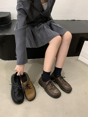British Style Retro Platform Loafers Women's Autumn and Winter Lace-up Versatile Small Leather Shoes Japanese Single Shoes Tide