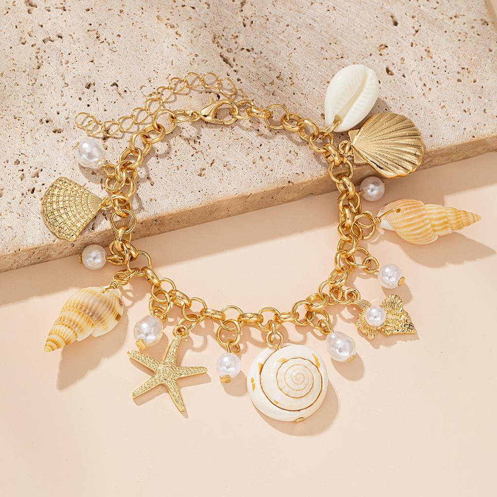 Women's Starfish & Conch Gold Chain Pearl Pendant Jewelry, Versatile Seaside Vacation Style Bracelet