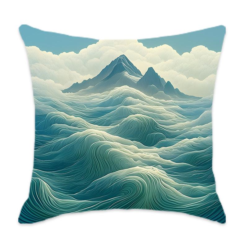 New Cyan Chinese Mountain Series Pillow, Comfortable and Soft Car Home Bedroom Bedside Pillow Cushion