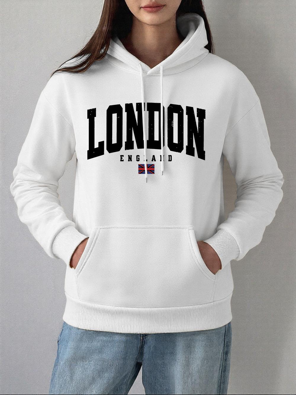

London England Flag Printing Hoodie Women Casual Pocket Sweatshirts Winter Fleece Warm Pullovers Basics Sporty Woman Clothes XL