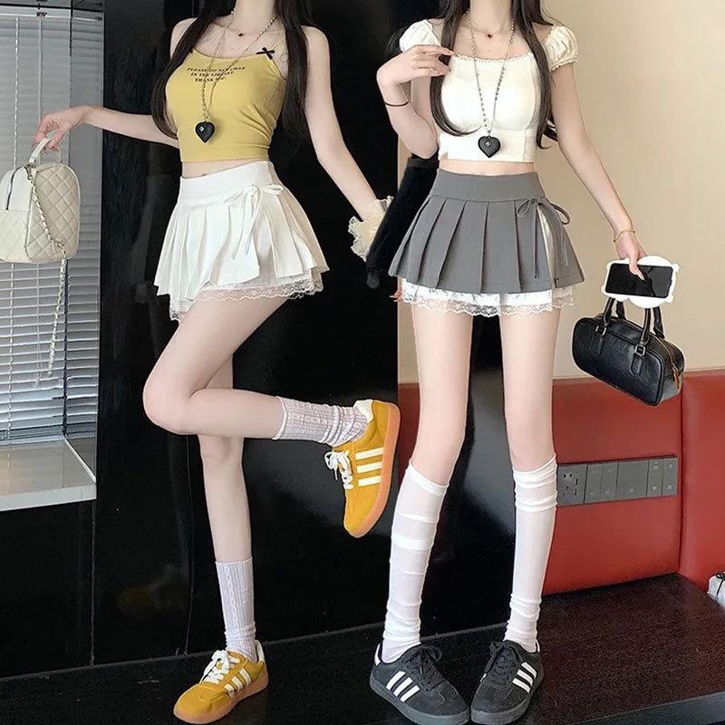 Spicy Girl Grey Lace Pleated Mini Skirt with Split Bow Detail